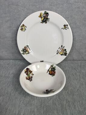 Vintage Mayer China Toyland Child's Plate & Bowl Set Puppies Ducks Frogs